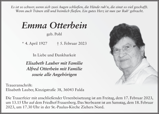 Traueranzeige von Emma Otterbein von FZ