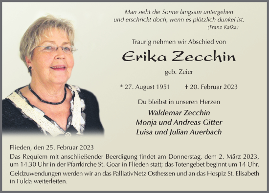 Traueranzeige von Erika Zecchin von FZ