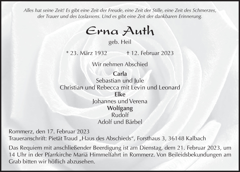  Traueranzeige für Erna Auth vom 17.02.2023 aus FZ