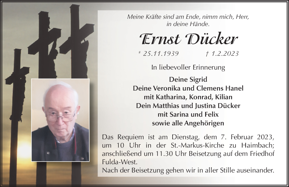  Traueranzeige für Ernst Dücker vom 04.02.2023 aus FZ