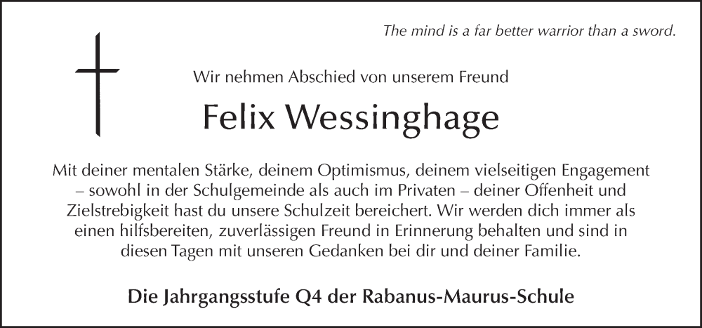  Traueranzeige für Felix Joan Friedrich Wessinghage vom 16.02.2023 aus FZ