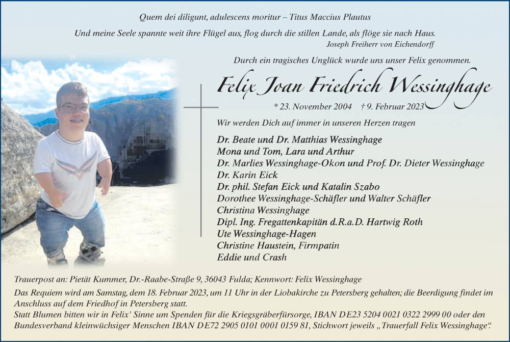  Traueranzeige für Felix Joan Friedrich Wessinghage vom 16.02.2023 aus FZ