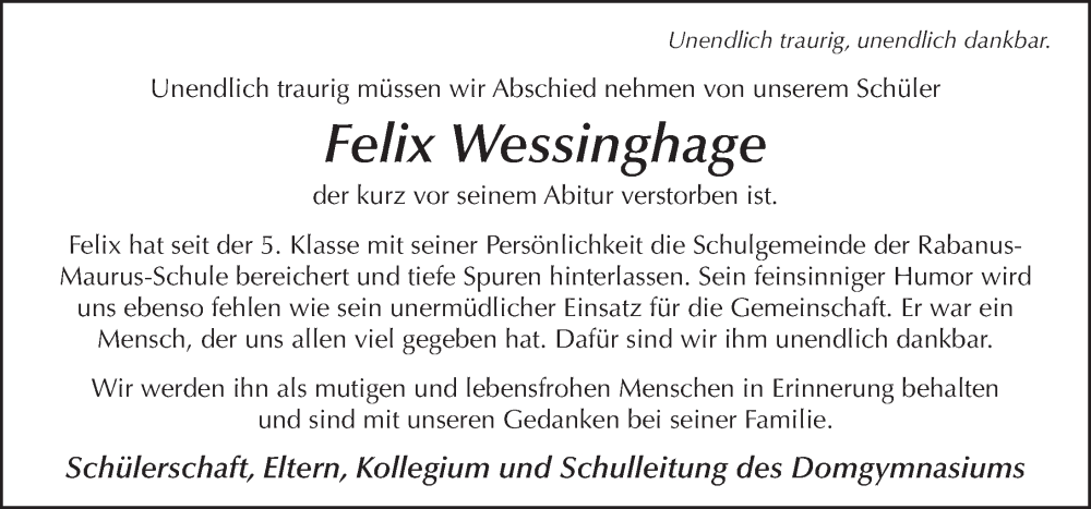  Traueranzeige für Felix Joan Friedrich Wessinghage vom 16.02.2023 aus FZ