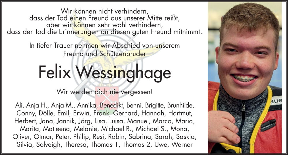  Traueranzeige für Felix Joan Friedrich Wessinghage vom 16.02.2023 aus FZ