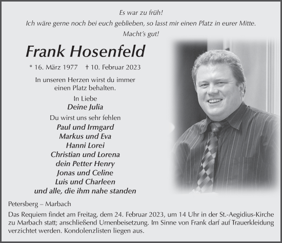 Traueranzeige von Frank Hosenfeld von FZ