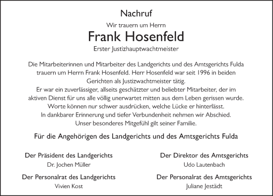 Traueranzeige von Frank Hosenfeld von FZ