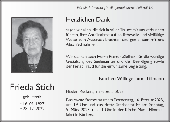 Traueranzeige von Frieda Stich von FZ