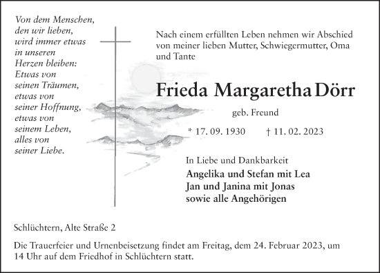 Traueranzeige von Frieda Margaretha Dörr von FZ