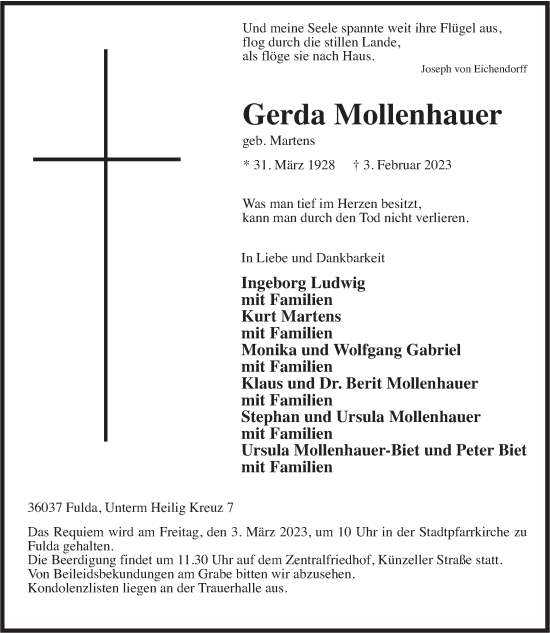 Traueranzeige von Gerda Mollenhauer von FZ