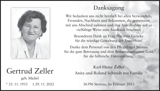 Traueranzeige von Gertrud Zeller von FZ