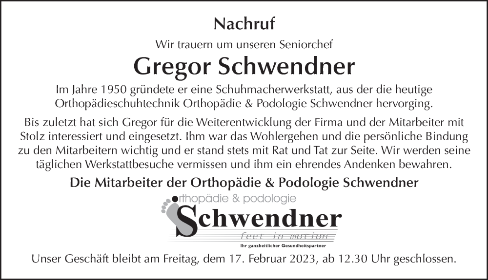  Traueranzeige für Gregor Schwendner vom 11.02.2023 aus FZ