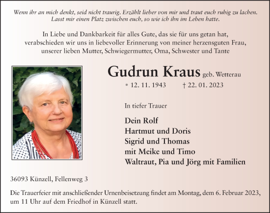 Traueranzeige von Gudrun Kraus von FZ