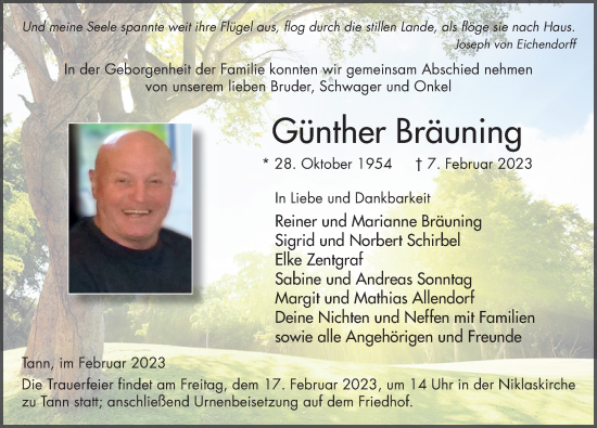 Traueranzeige von Günther Bräuning von FZ