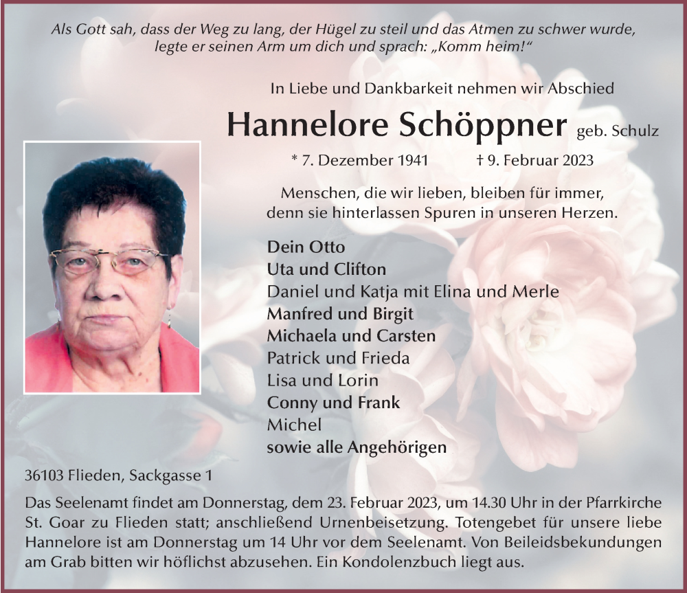  Traueranzeige für Hannelore Schöppner vom 20.02.2023 aus FZ