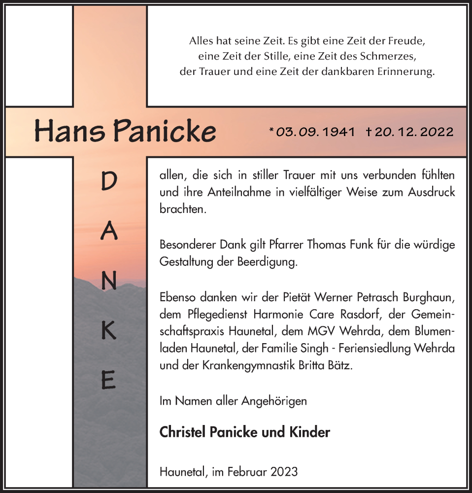  Traueranzeige für Hans Panicke vom 11.02.2023 aus FZ