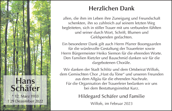 Traueranzeige von Hans Schäfer von FZ