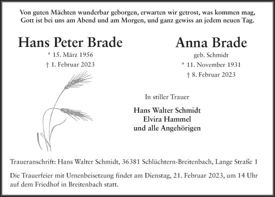 Traueranzeige von Hans Peter und Anna Brade von FZ