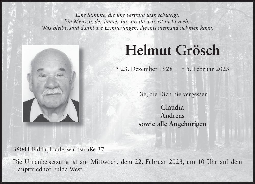  Traueranzeige für Helmut Grösch vom 15.02.2023 aus FZ