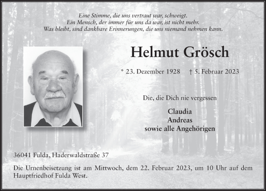 Traueranzeige von Helmut Grösch von FZ