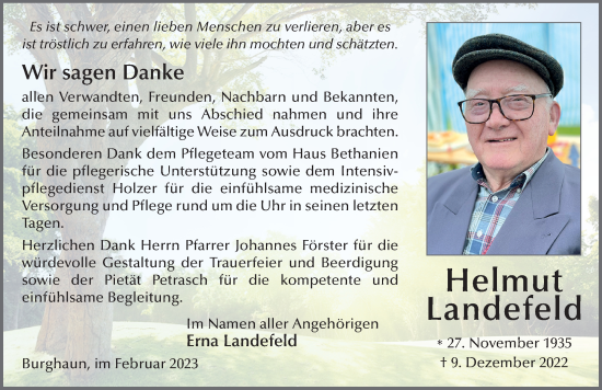 Traueranzeige von Helmut Landefeld von FZ