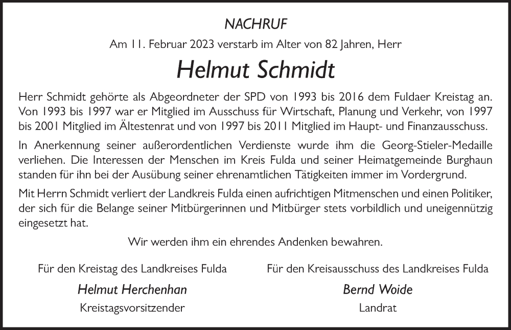 Traueranzeige für Helmut Schmidt vom 22.02.2023 aus FZ