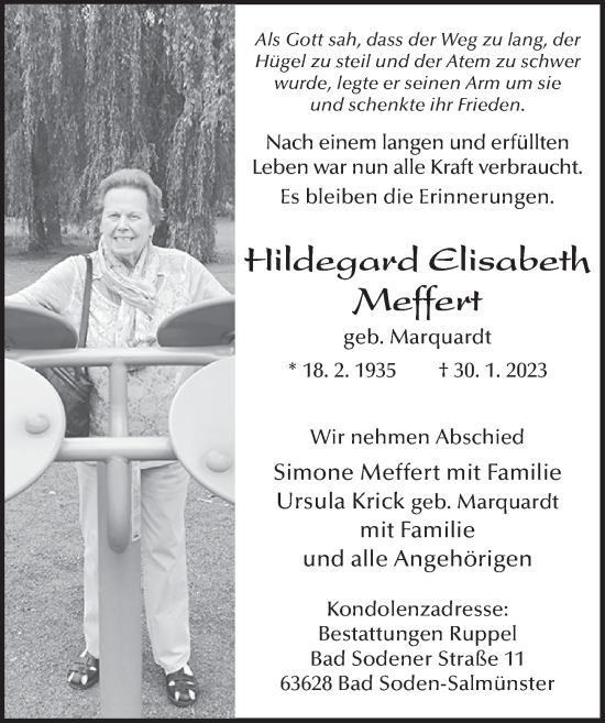 Traueranzeige von Hildegard Meffert von FZ
