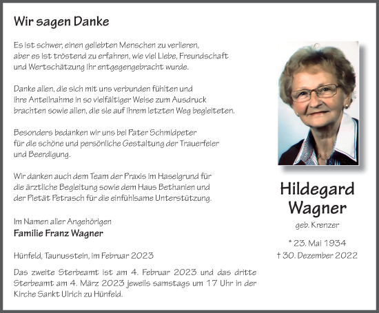 Traueranzeige von Hildegard Wagner von FZ