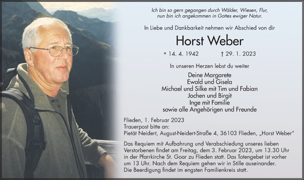  Traueranzeige für Horst Weber vom 01.02.2023 aus FZ