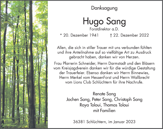 Traueranzeige von Hugo Sang von FZ