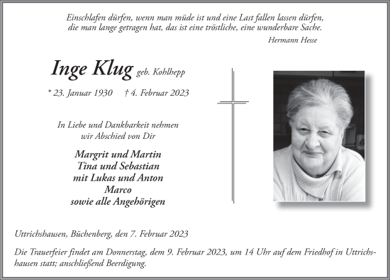 Traueranzeige von Inge Klug von FZ