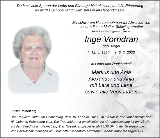Traueranzeige von Inge Vorndran von FZ