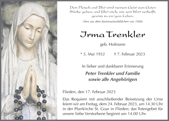 Traueranzeige von Irma Trenkler von FZ