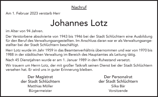 Traueranzeige von Johannes Lotz von FZ