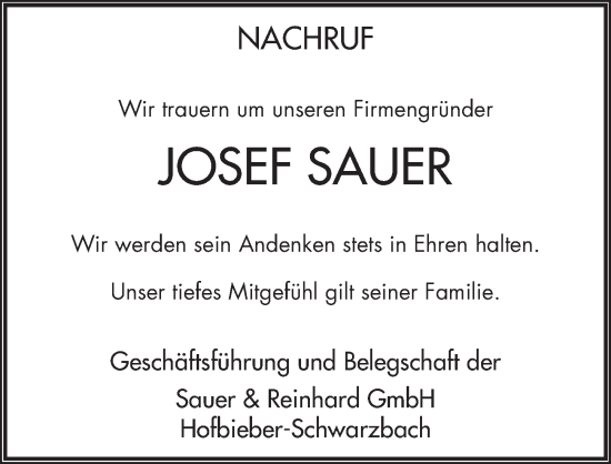 Traueranzeige von Joseph Sauer von FZ