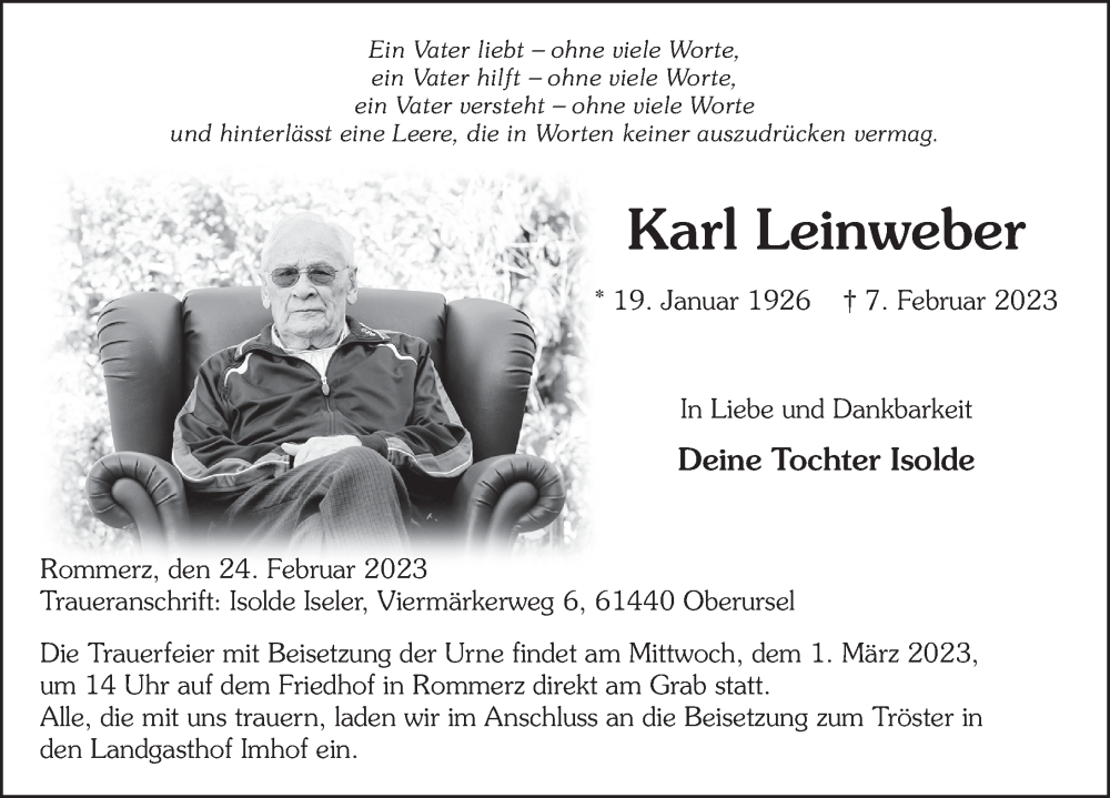  Traueranzeige für Karl Leinweber vom 24.02.2023 aus FZ