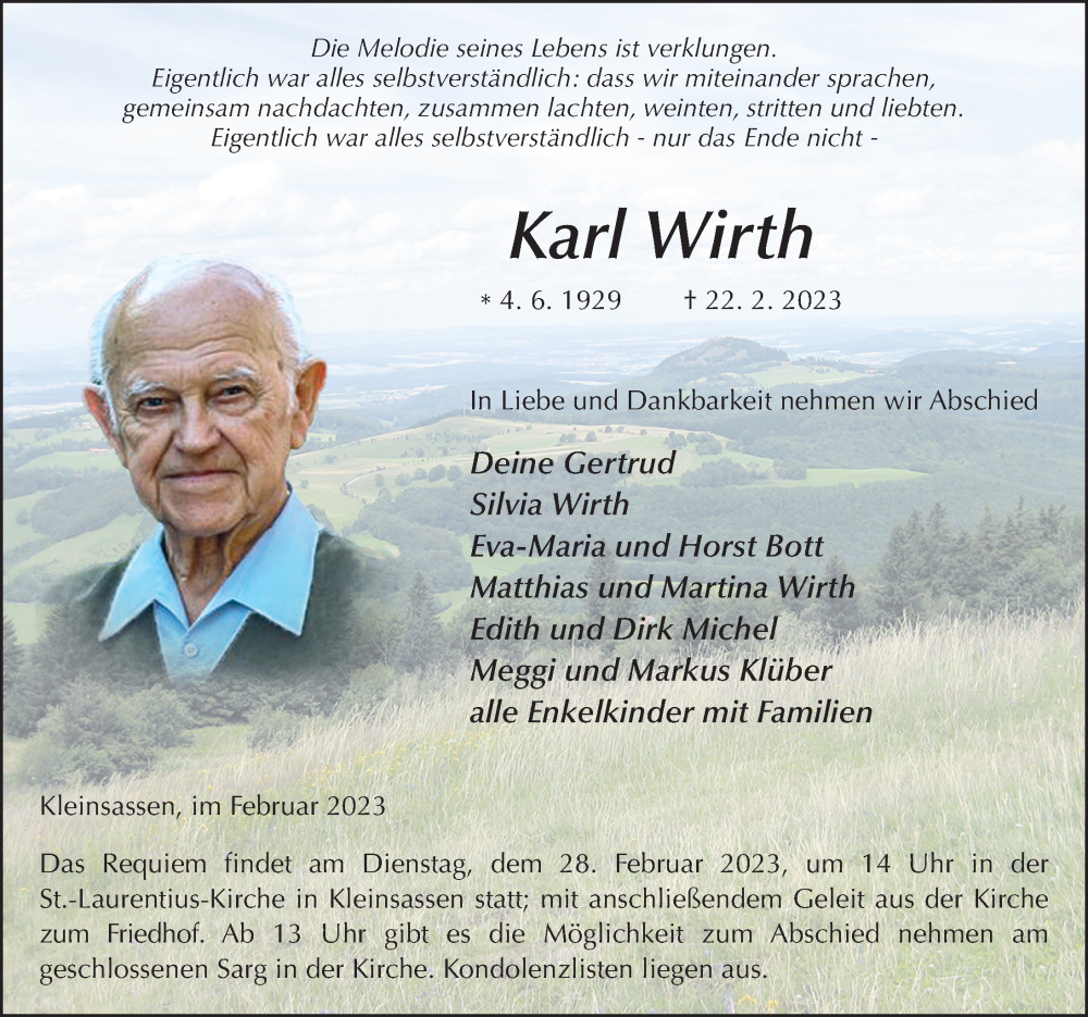  Traueranzeige für Karl Wirth vom 25.02.2023 aus FZ