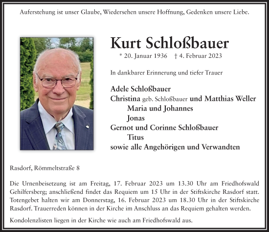 Traueranzeige von Kurt Schloßbauer von FZ