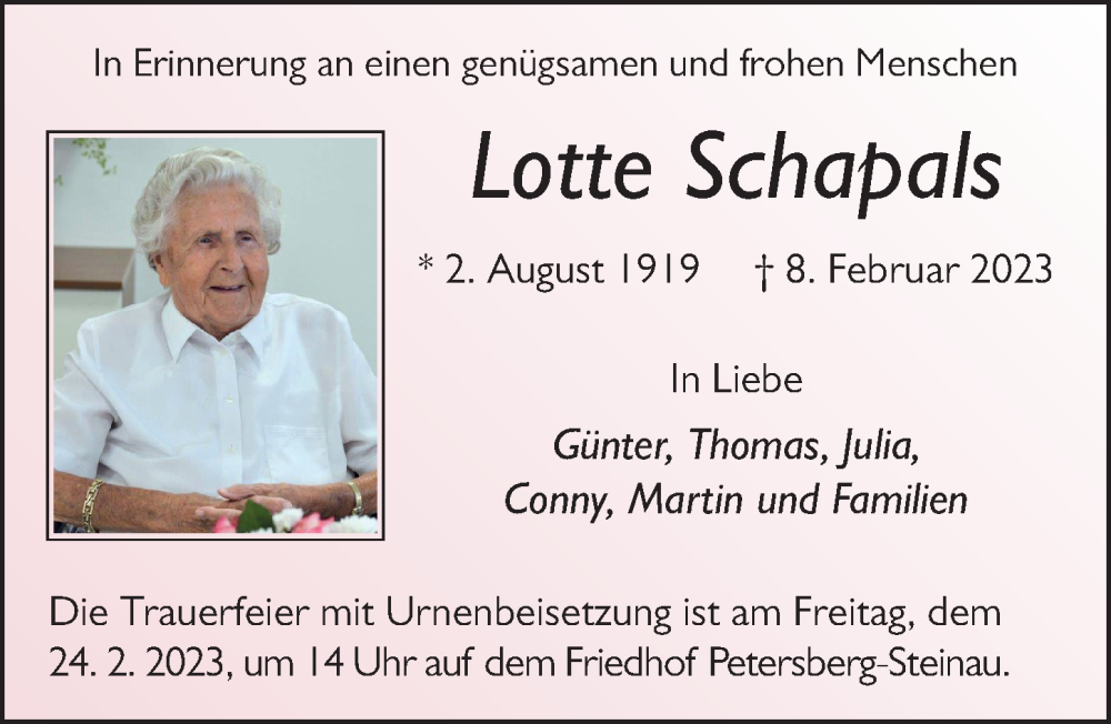  Traueranzeige für Lotte Schapals vom 18.02.2023 aus FZ