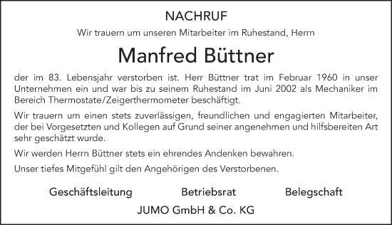 Traueranzeige von Manfred Büttner von FZ