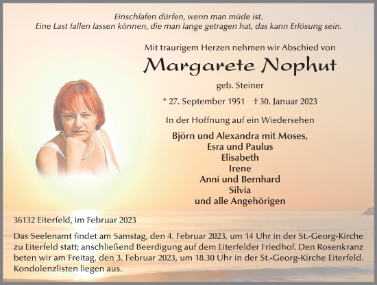 Traueranzeige von Margarete Nophut von FZ