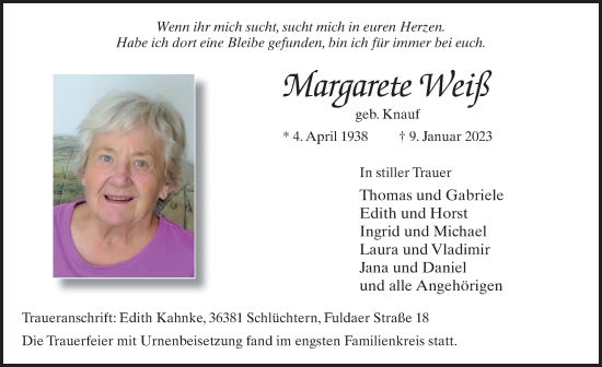 Traueranzeige von Margarete Weiß von FZ