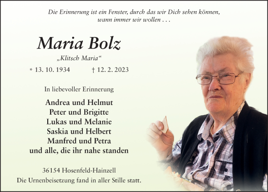 Traueranzeige von Maria Bolz von FZ