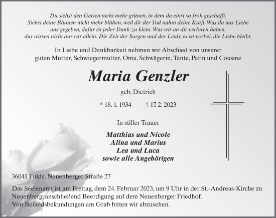 Traueranzeige von Maria Genzler von FZ