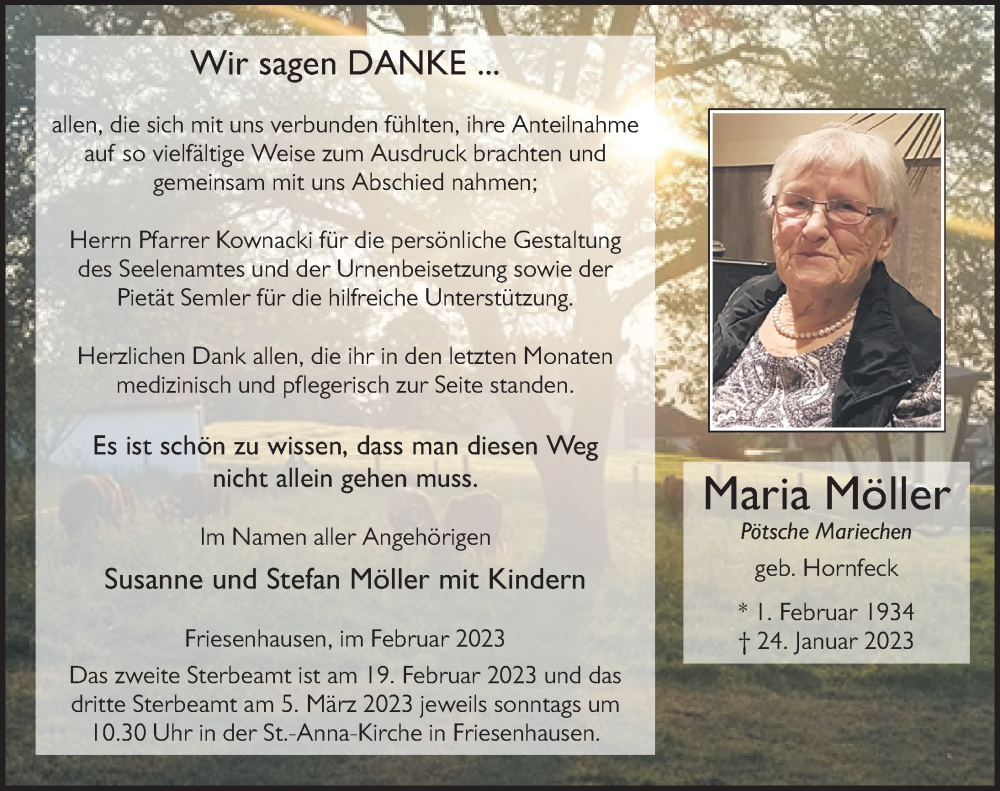  Traueranzeige für Maria Möller vom 17.02.2023 aus FZ