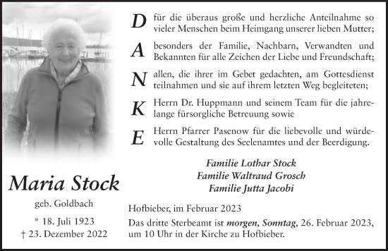 Traueranzeige von Maria Stock von FZ