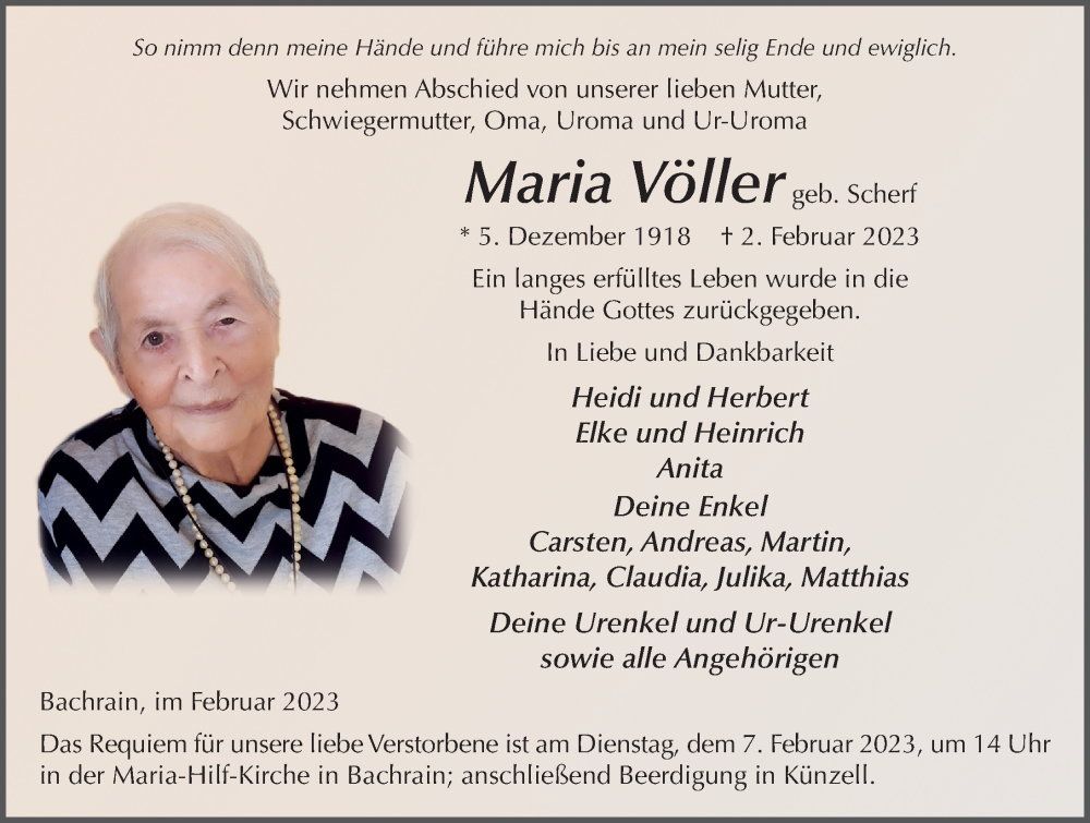  Traueranzeige für Maria Völler vom 04.02.2023 aus FZ