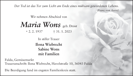 Traueranzeige von Maria Wons von FZ
