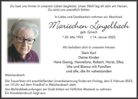 Traueranzeige von Mariechen Lingelbach von FZ