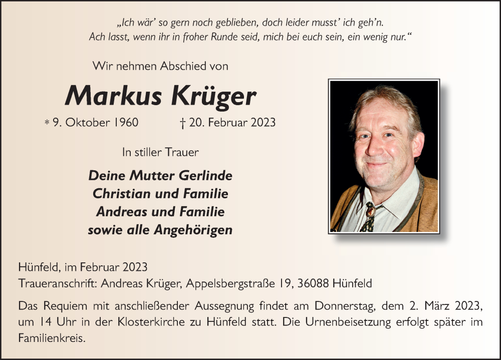  Traueranzeige für Markus Krüger vom 27.02.2023 aus FZ