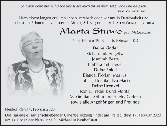 Traueranzeige von Marta Stuwe von FZ